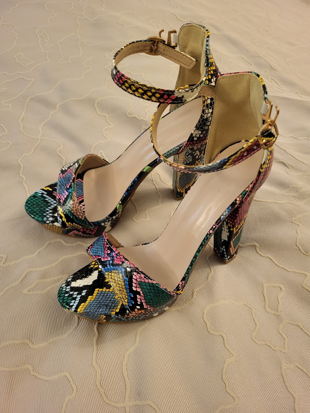 Colorful Snake-Print Ankle-Strap Block Heels